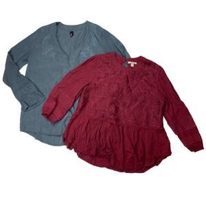 2pc Lot Womens Long Sleeve Embroidered Floral Print Work Blouse Tops Size S